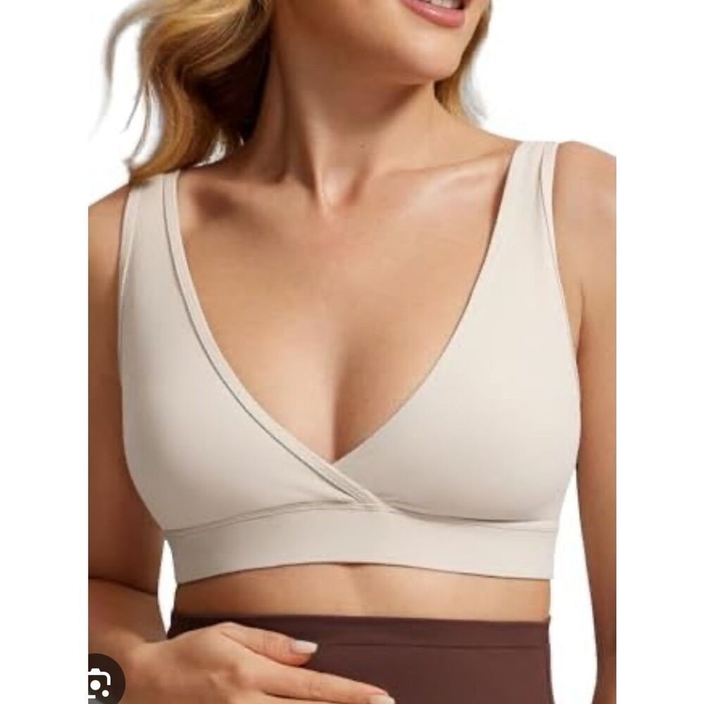 CRZ YOGA Tan Crossover Wireless Wrap Bralette V-neck nursing friendly size S